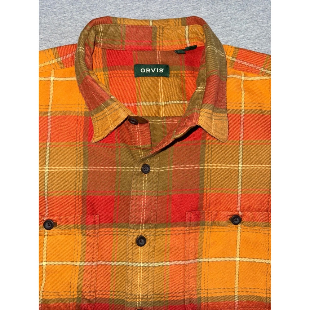 Orvis Mens Perfect Flannel Shirt Orange Plaid Size XXL Heavy Thick Warm Workwear